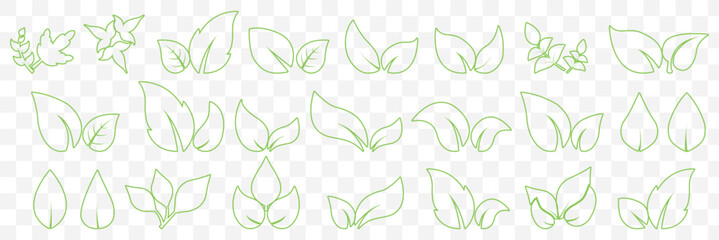 Flat Green Leaf Icon Set – Eco, Bio, Vegan Symbols for Nature and Organic Design in Editable Stroke on Transparent Background. EPS 10.