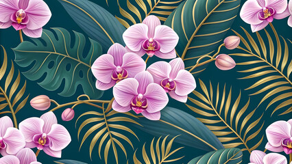 Elegant Orchid and Tropical Leaf Pattern A Symphony of Pink Blooms and Golden Fronds on Teal Backdrop