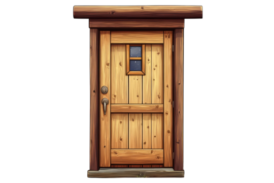 A charming wooden cabin door beckons hinting at cozy winter nights under a starlit sky inside on transparent background