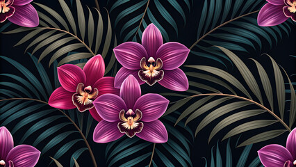 Exotic Floral Arrangement Dark Background with Pink and Purple Orchids Surrounded by Tropical Green and Beige Palm Fronds
