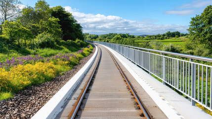 Fototapeta premium Straight train track leading into the distance surrounded by open space and clear blue skies above