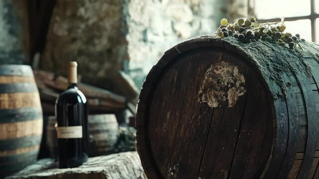 A selection of wooden barrels and wine bottles in a cellar, including beer kegs, suggesting an old-world style winemaking process.