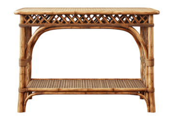 A charming console table crafted from woven rattan evokes coastal serenity perfect for on transparent background
