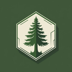 Stylized green pine tree inside a hexagonal badge with a cream background and dark green border