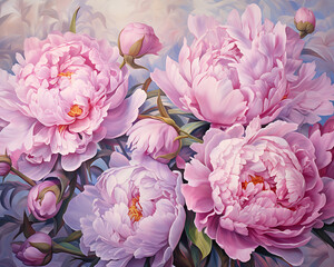 Pink peonies bloom richly in a close-up oil painting.
Classic floral composition with warm tones and texture.
Ideal for botanical decor and elegant design themes. Ideal for floral designs, greeting ca