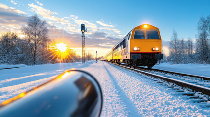 Fototapeta premium A train on a snowy train track with winter landscape and soft snowflakes captured in high-quality detail