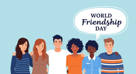 Diverse Group of Smiling Friends Embracing, Celebrating World Friendship Day