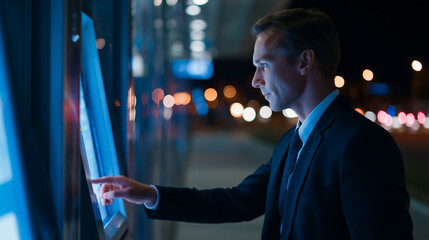 Businessman Using Blue Kiosk at Night with Neon Reflections