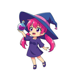 Adorable young girl witch proudly holding up her magical purple potion she made in a glass bottle - isolated white background cartoon illustration