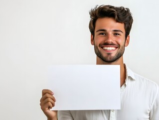 smiling man holding blank white sign for copy space, studio lighting on white background 
