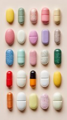 Flat lay of colorful pharmaceutical pills and supplements in various shapes and textures on soft pastel background perfect for healthcare posters, medication visuals and product banners