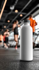 White sports nutrition bottle standing on gym floor with athletes training in blurred background ideal for fitness supplements ads, workout product packaging and active lifestyle branding