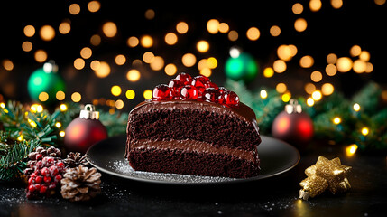 Festive Chocolate Cake Slice, Christmas Lights, Dessert