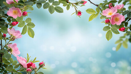 Delicate Pink Roses and Green Leaves Framing a Serene Light Blue Backdrop with Bokeh Effects