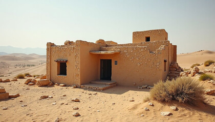 Rustic desert dwelling showcasing traditional architecture amidst arid landscape and bright sunny