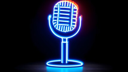 Flaming neon microphone on dark stage, podcasting concept