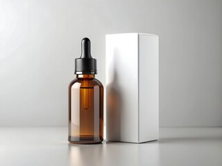 Amber glass bottle with black dropper and white box isolated on a gray  background