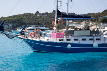 blue boat defocused, abstract blur on turquoise water