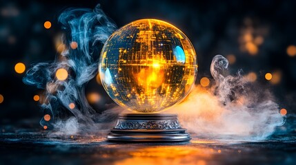 Glowing crystal ball divination dark background smoke