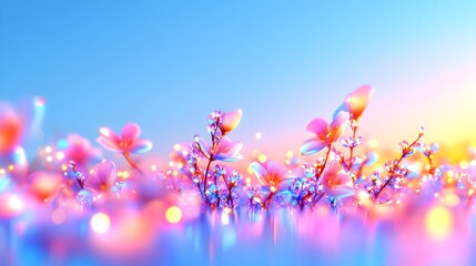 Glowing pink flowers sunrise field digital art