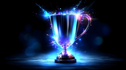 Glowing trophy victory sparks dark background award