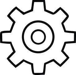 A simple black and white outline of a gear with two concentric circles in the center representing mechanics and industry
