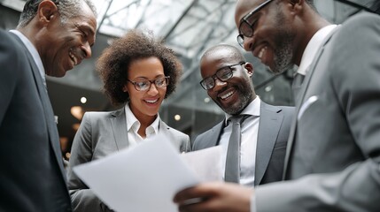 Four diverse professionals in business attire smiling and discussing documents in a modern office setting.