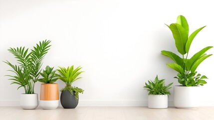 Indoor plants potted against white wall, home decor
