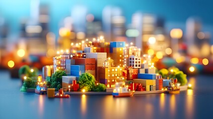 Illuminated shipping containers cityscape, harbor, night