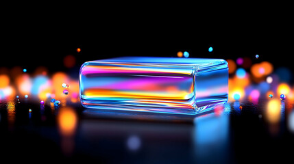 Iridescent glass block on dark, bokeh background