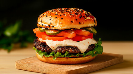 Juicy burger, sesame bun, wood board, dark background, food photography