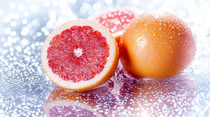 Juicy grapefruit halves, reflective surface, water droplets, bokeh background, food photography