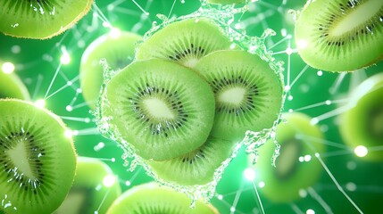 Juicy kiwi slices splash, green background, network, food ad