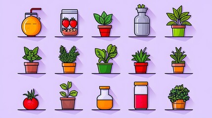 Kitchen shelf plants, drinks, fruits, flatlay, illustration, design, background, home decor