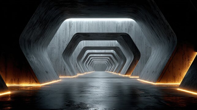 Alien tubes concrete hallway with glowing lights and industrial walls, futuristic sci-fi concept for gaming, virtual, and design