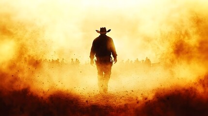 Lone Cowboy Walking Towards Dust Storm, Western
