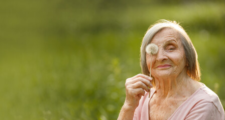 Fototapeta premium Close-up of an elderly gray-haired woman playfully holding a dandelion to her eye while smiling gently outdoors.