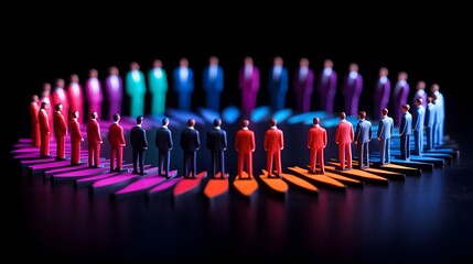 Miniature figures in circular meeting, dark background, business concept
