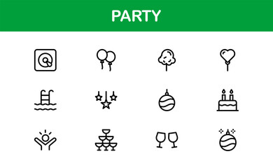 Festive Party Icons Pack in Minimal Line Art Style Showcasing Celebration, Food, Drinks, and Music