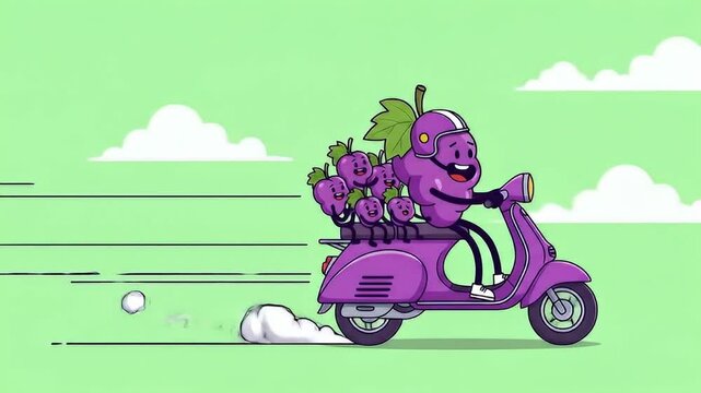 Happy Grapes Cartoon Character Rides Scooter