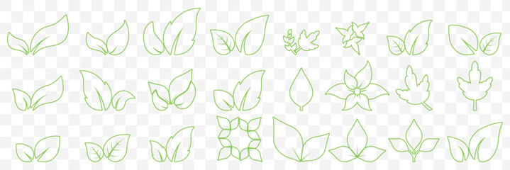 Flat Green Leaf Icon Set – Eco, Bio, Vegan Symbols for Nature and Organic Design in Editable Stroke on Transparent Background. EPS 10.