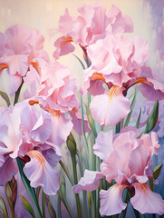 Close-up view of pink irises in a lush oil painting.
Soft brushstrokes enhance the flower texture and depth. Delicate petals rendered in romantic oil-painted detail. Ideal for floral designs, greeting