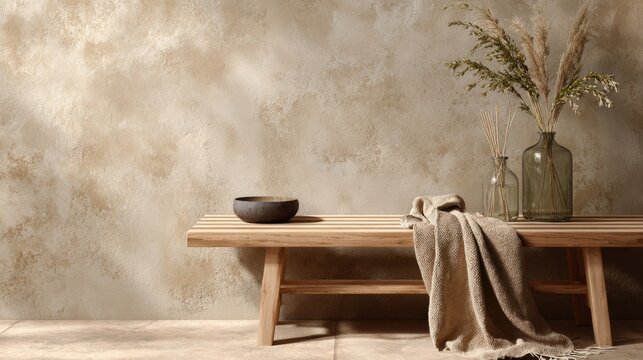 Minimalist decor with wooden bench and rustic accents in sunlit interior