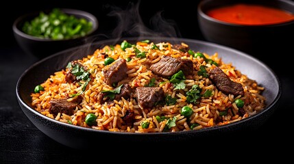 Steaming lamb biryani, peas, spices, dark background, restaurant