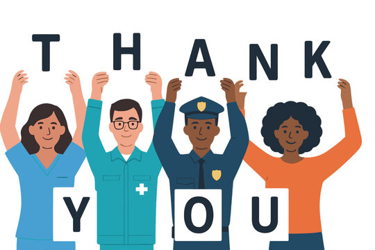 A diverse group of people, including a woman and a man, are standing with plates that have letters on them to express gratitude, as part of an international crowd that thanks doctors, paramedics