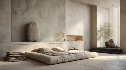 Minimalist zen bedroom with natural light and serene decor for modern living