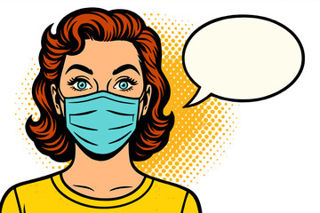 A comic book-style woman wearing a medical mask is depicted in a pop art portrait, accompanied by a speech bubble, set against a retro halftone background in this healthcare vector illustration