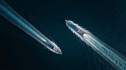 Aerial View of Modern Navy Ship Moving Fast on Open Blue Ocean