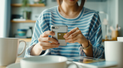 Woman making a mobile payment with a credit card and smartphone at a cozy kitchen table