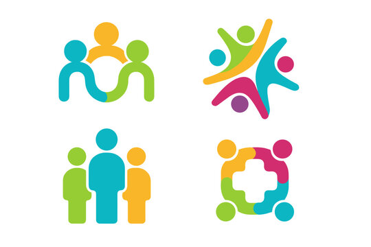 Concept design for togetherness and community, represented by an abstract people symbol, incorporating a creative hub and social connection icon, with a template and logo set